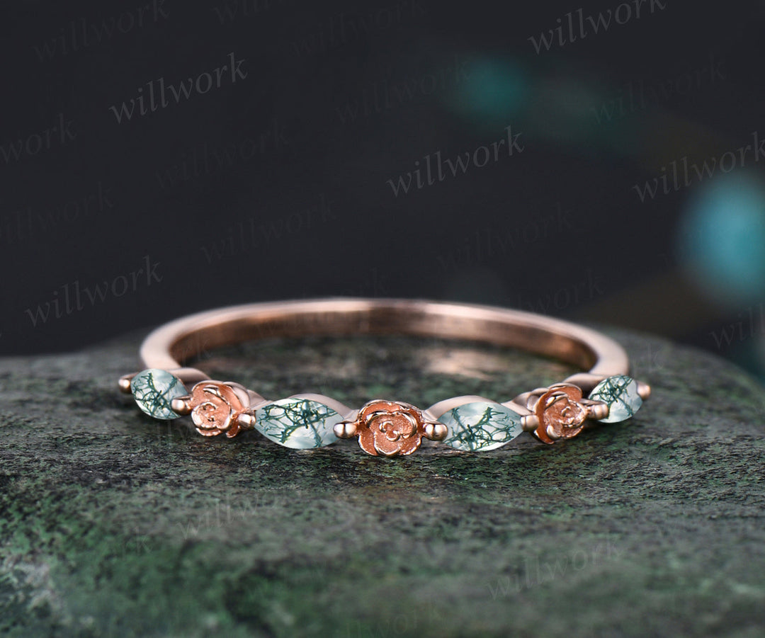 Hexagon Cut Natural Green Moss Agate Engagement Ring Set Leaf Flower Vine Twig Branch Nature Inspired Wedding Ring Unique 14k Rose Gold 2pcs Bridal Ring Set