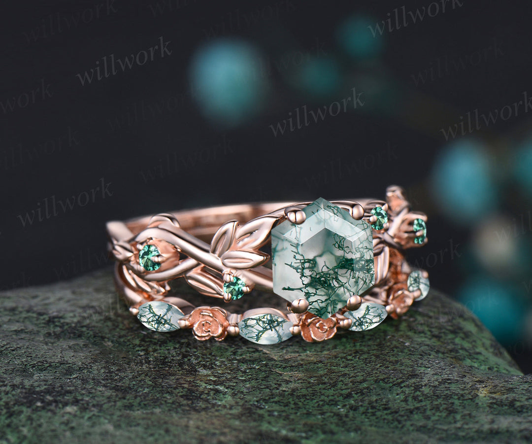 Hexagon Cut Natural Green Moss Agate Engagement Ring Set Leaf Flower Vine Twig Branch Nature Inspired Wedding Ring Unique 14k Rose Gold 2pcs Bridal Ring Set