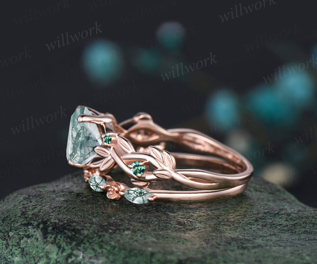 Hexagon Cut Natural Green Moss Agate Engagement Ring Set Leaf Flower Vine Twig Branch Nature Inspired Wedding Ring Unique 14k Rose Gold 2pcs Bridal Ring Set