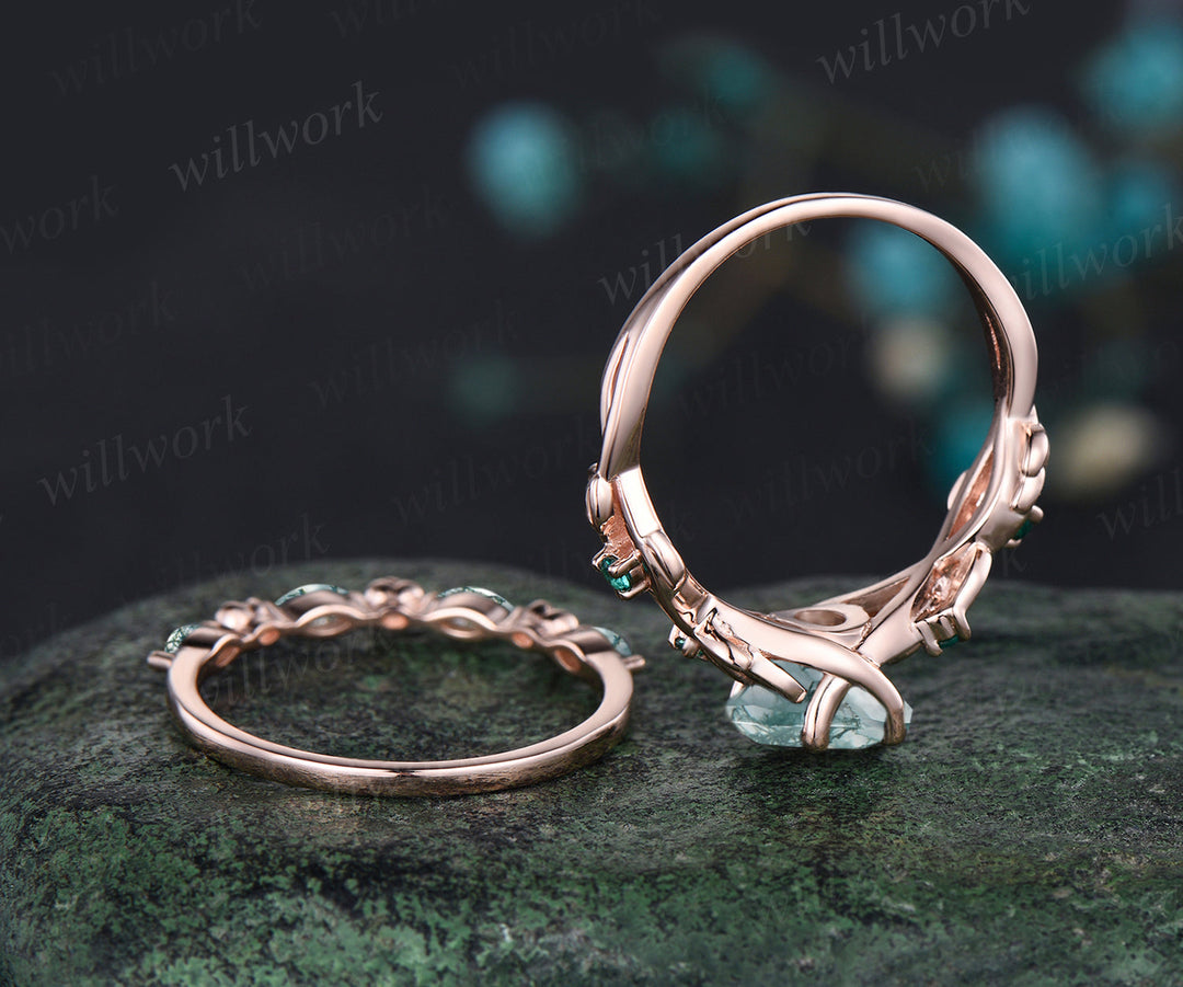 Hexagon Cut Natural Green Moss Agate Engagement Ring Set Leaf Flower Vine Twig Branch Nature Inspired Wedding Ring Unique 14k Rose Gold 2pcs Bridal Ring Set