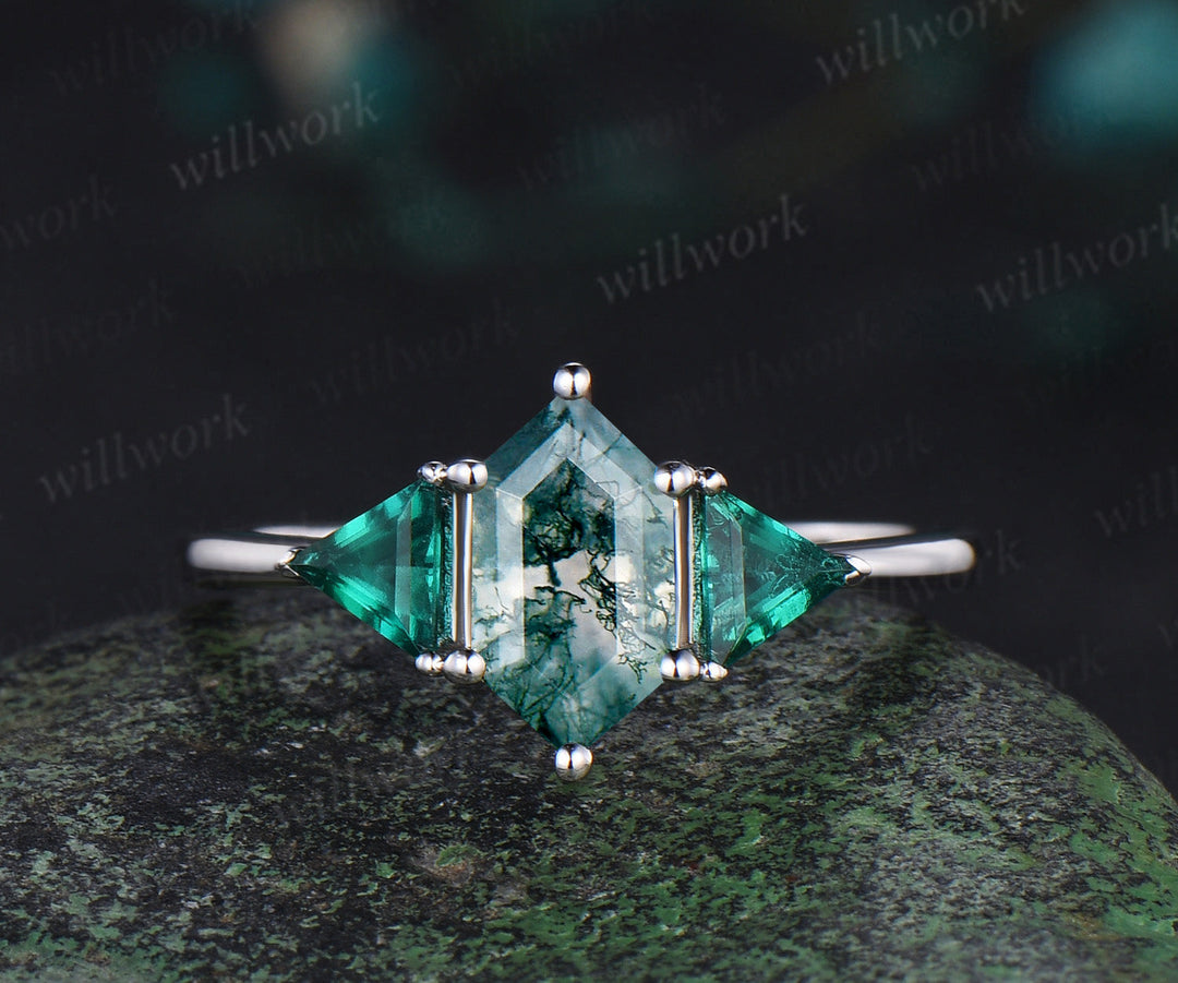 Long hexagon cut moss agate engagement ring 14k white gold three stone Trilliant Baguette emerald bridal ring set women