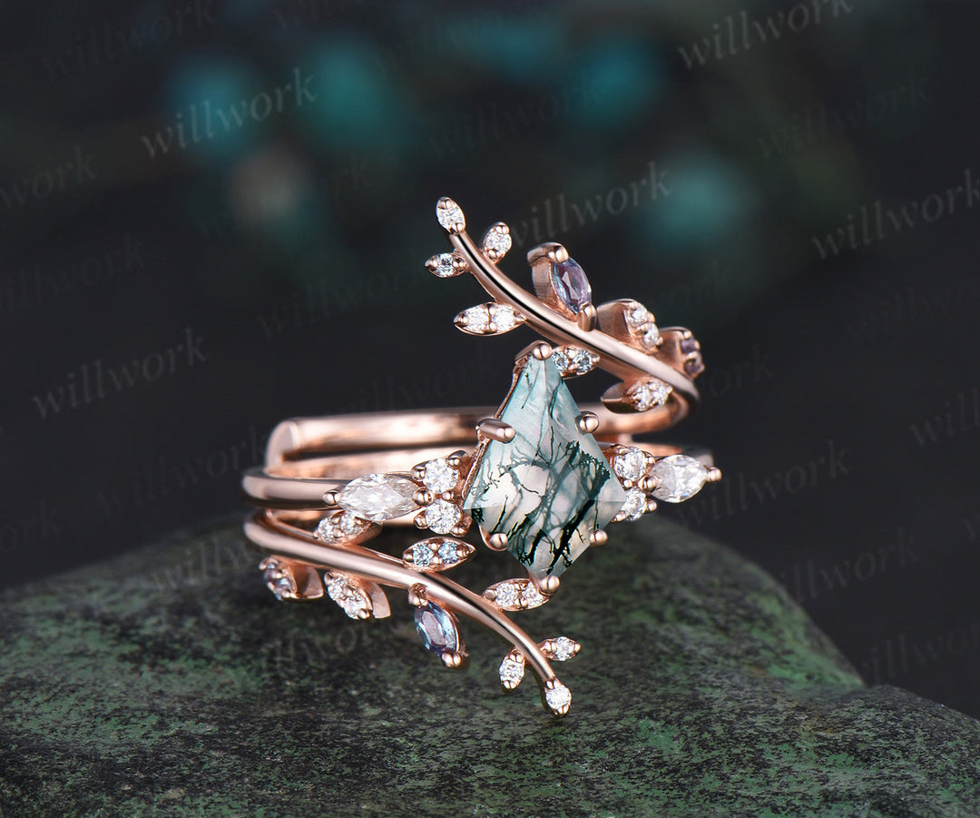 Kite cut moss agate engagement ring rose gold leaf alexandrite diamond wedding band enhancer unique anniversary bridal ring set women