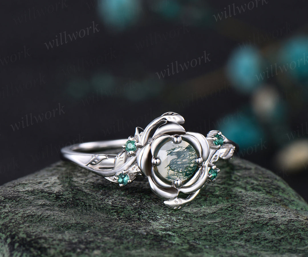 Unique Round Cut Ring Vine Wrapped Moss Agate Ring 14k White Gold Engagement Ring Floral ring Anniversary Gift Ring