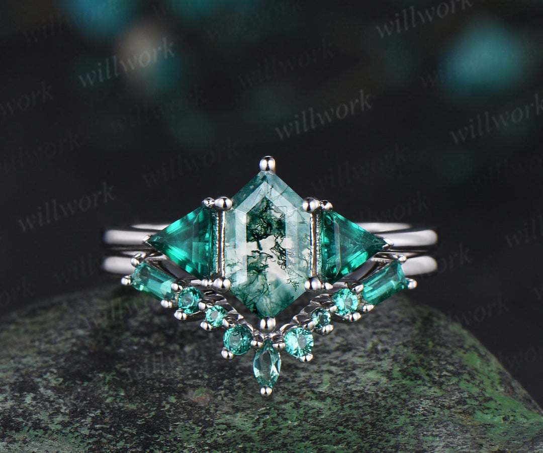 Long hexagon cut moss agate engagement ring 14k white gold three stone Trilliant Baguette emerald bridal ring set women