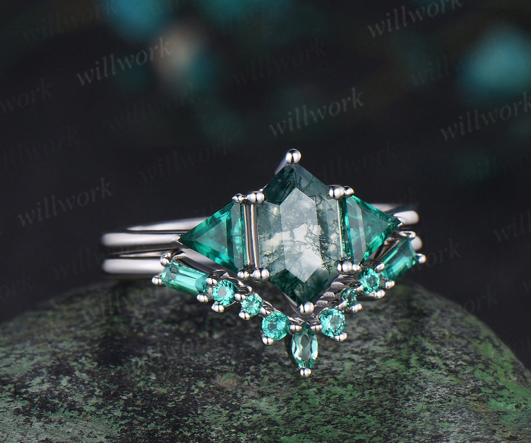 Long hexagon cut moss agate engagement ring 14k white gold three stone Trilliant Baguette emerald bridal ring set women