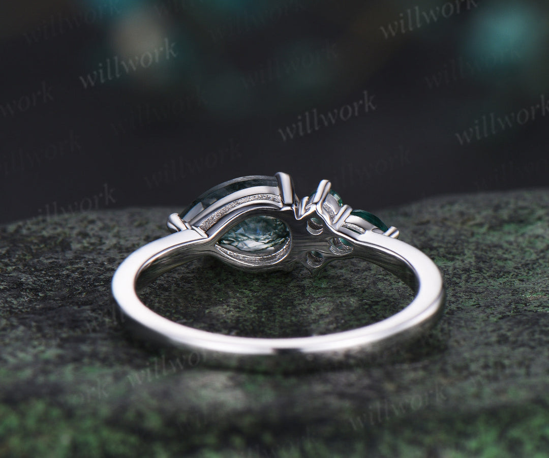 Pear cut moss agate ring white gold East to west emerald four stone unique engagement ring women dainty anniversary gift