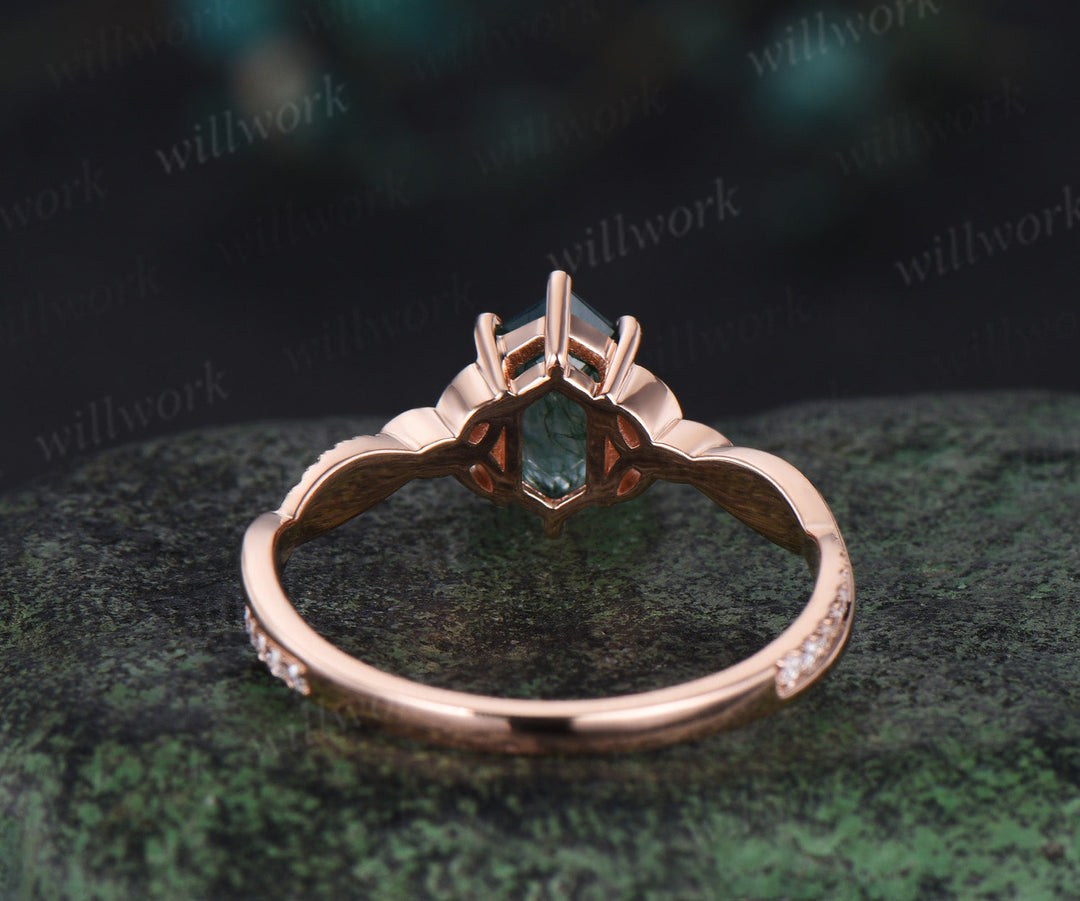 Long hexagon cut moss agate engagement ring 14k rose gold eternity Celtic knot diamond wedding ring women