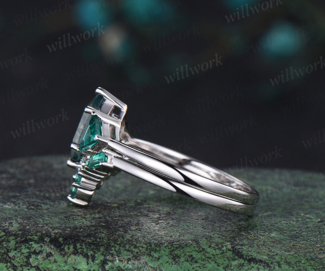 Long hexagon cut moss agate engagement ring 14k white gold three stone Trilliant Baguette emerald bridal ring set women