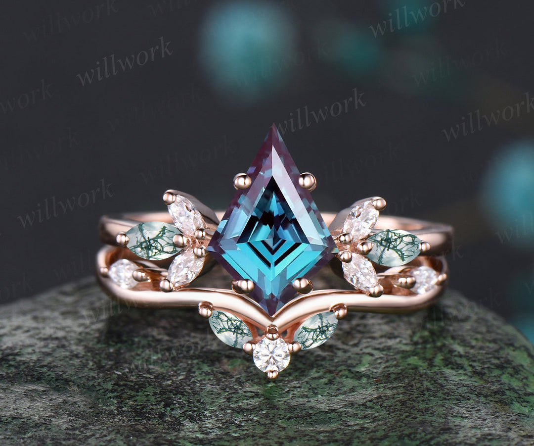 Unique June Birthstone Kite Alexandrite Engagement Ring Set 14k Rose Gold Moissanite Moss Agate Amethyst Opal Moonstone Cluster 2pcs Bridal Ring Set