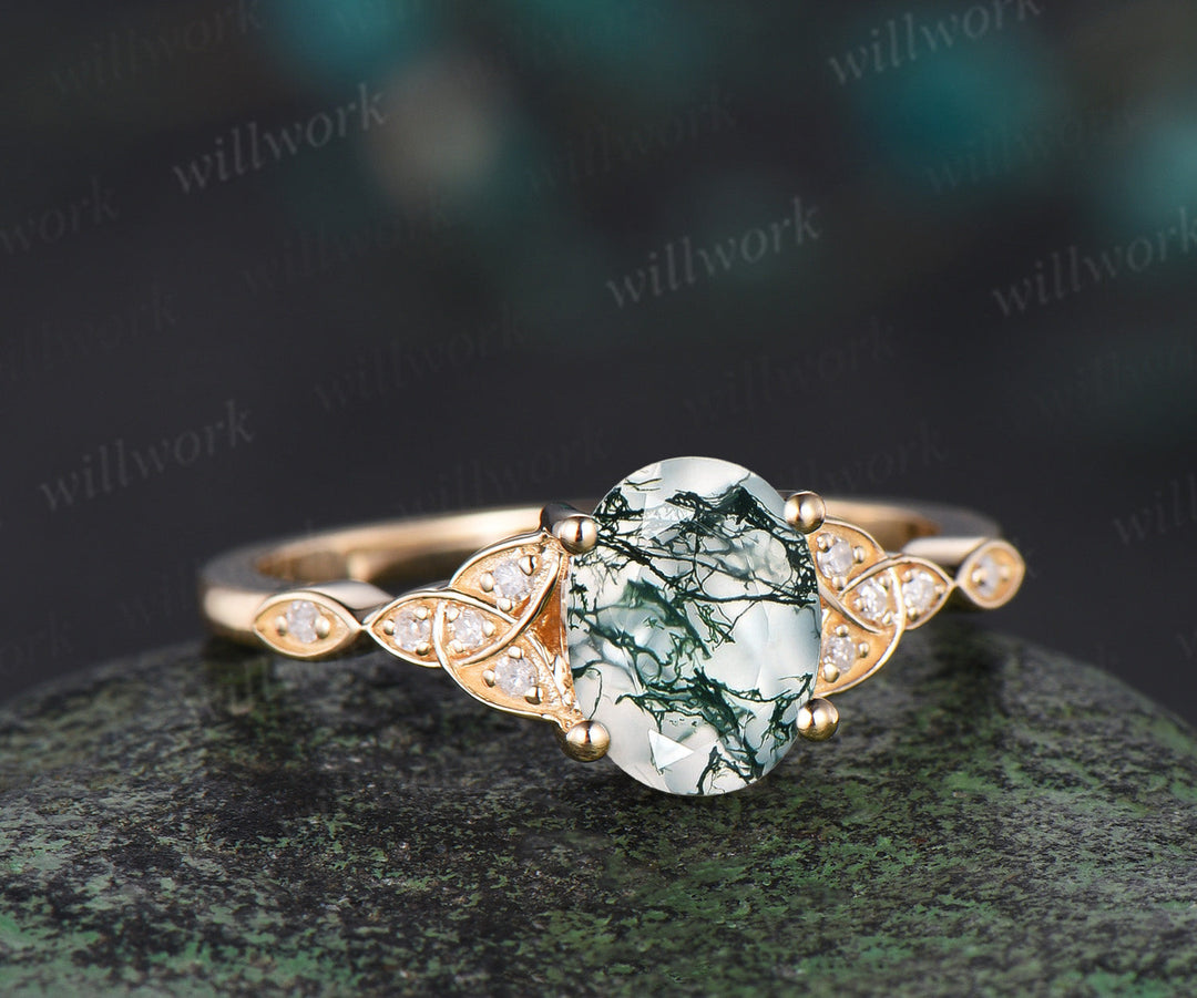 Oval cut moss agate ring yellow gold Celtic knot diamond ring marquise unique Engagement Ring women dainty promise ring