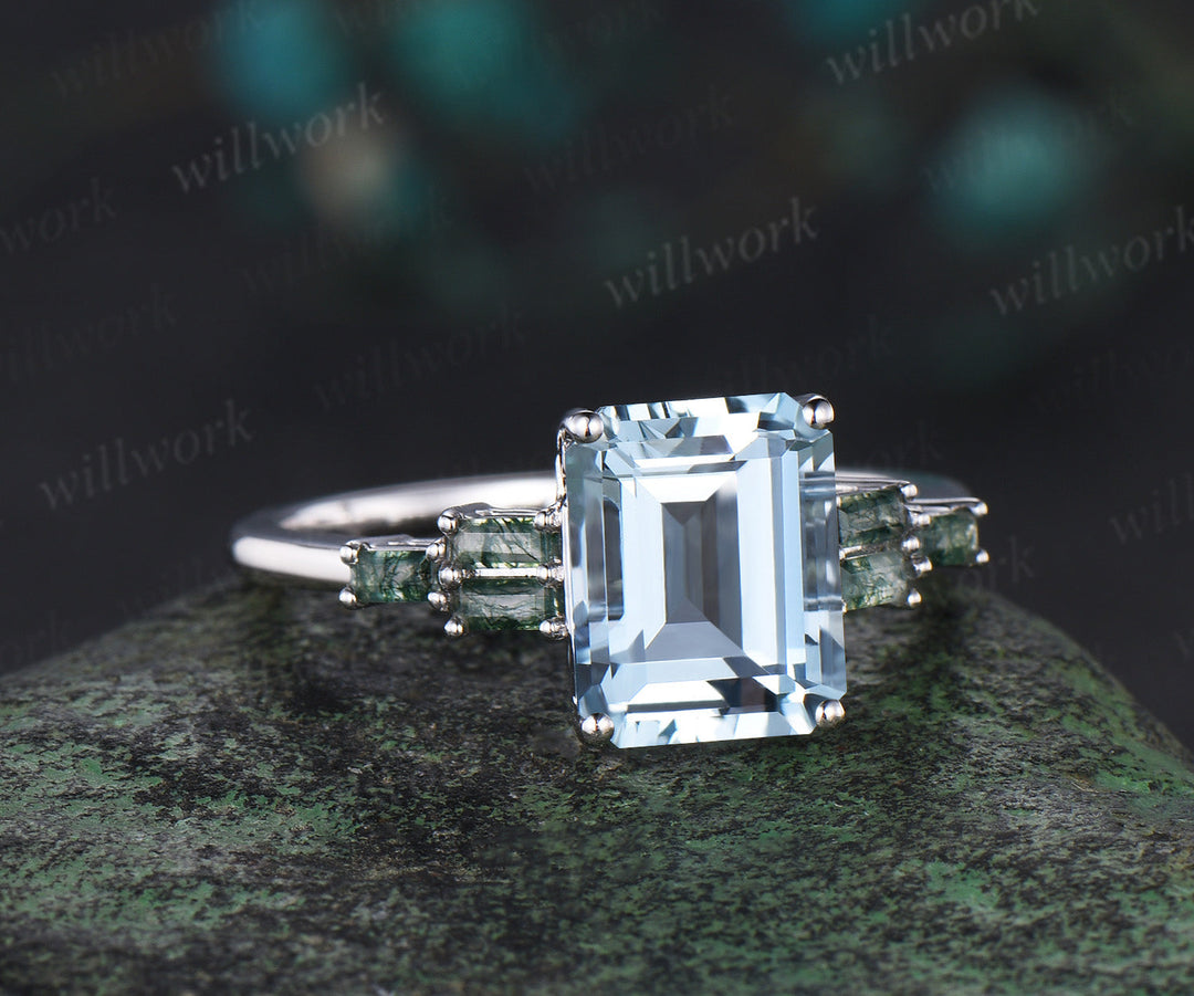 Unique 4CT Emerald Cut Aquamarine Engagement Ring Retro Cluster Baguette Moss Agate white gold Wedding Ring Vintage Anniversary Gift Women