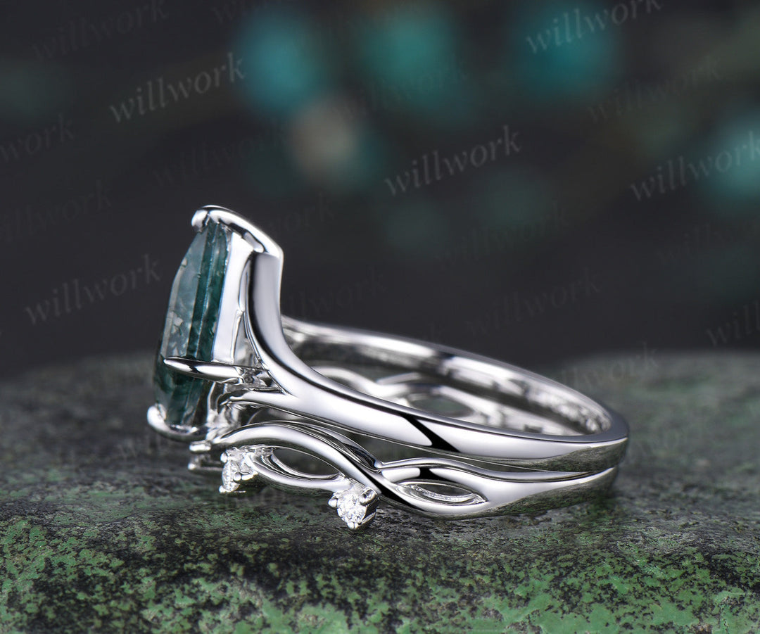 Kite cut moss agate bridal ring set white gold unique split shank engagement ring infinity wedding ring set women