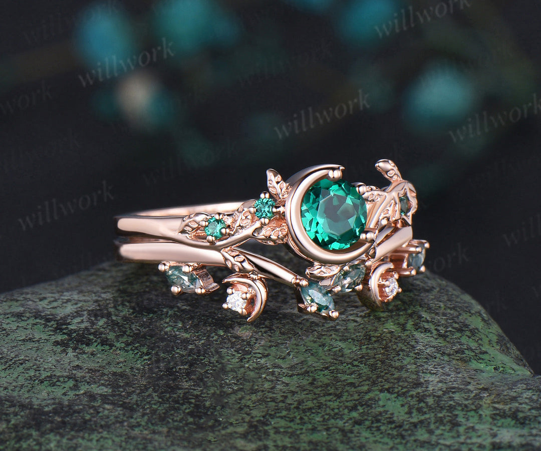 Vintage round cut green emerald engagement ring rose gold leaf star moon moss agate bridal anniversary ring set women jewelry