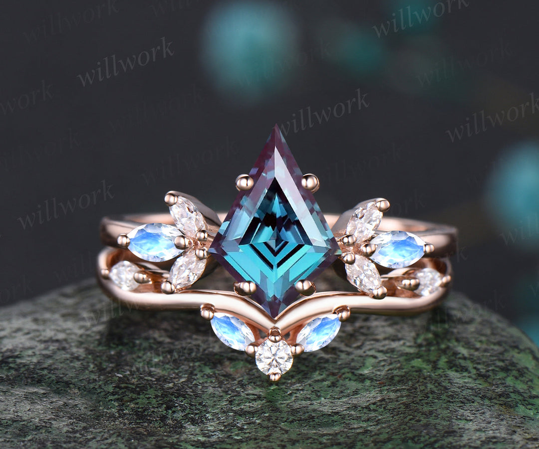 Unique June Birthstone Kite Alexandrite Engagement Ring Set 14k Rose Gold Moissanite Moss Agate Amethyst Opal Moonstone Cluster 2pcs Bridal Ring Set