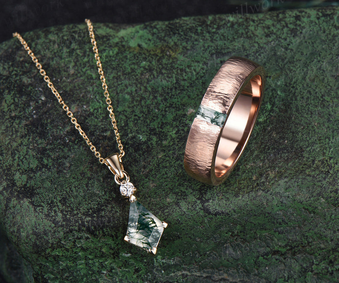 Enchanting Moss Agate Kite Pendant & Masculine Baguette Ring 14K rose gold  jewelry set Valentine's Day Exclusive Gift for Lovers