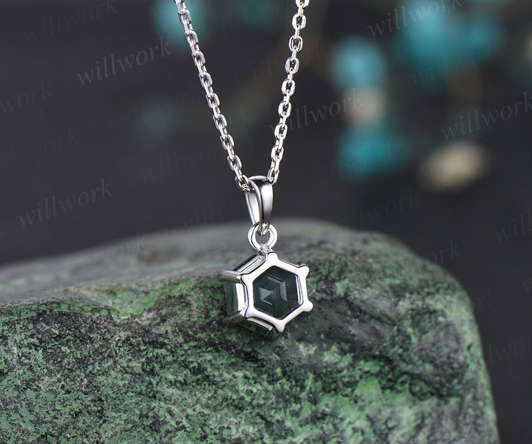 Unique hexagon moss agate necklace minimalism moss agate pendant sterling silver rose gold necklace gifts for women