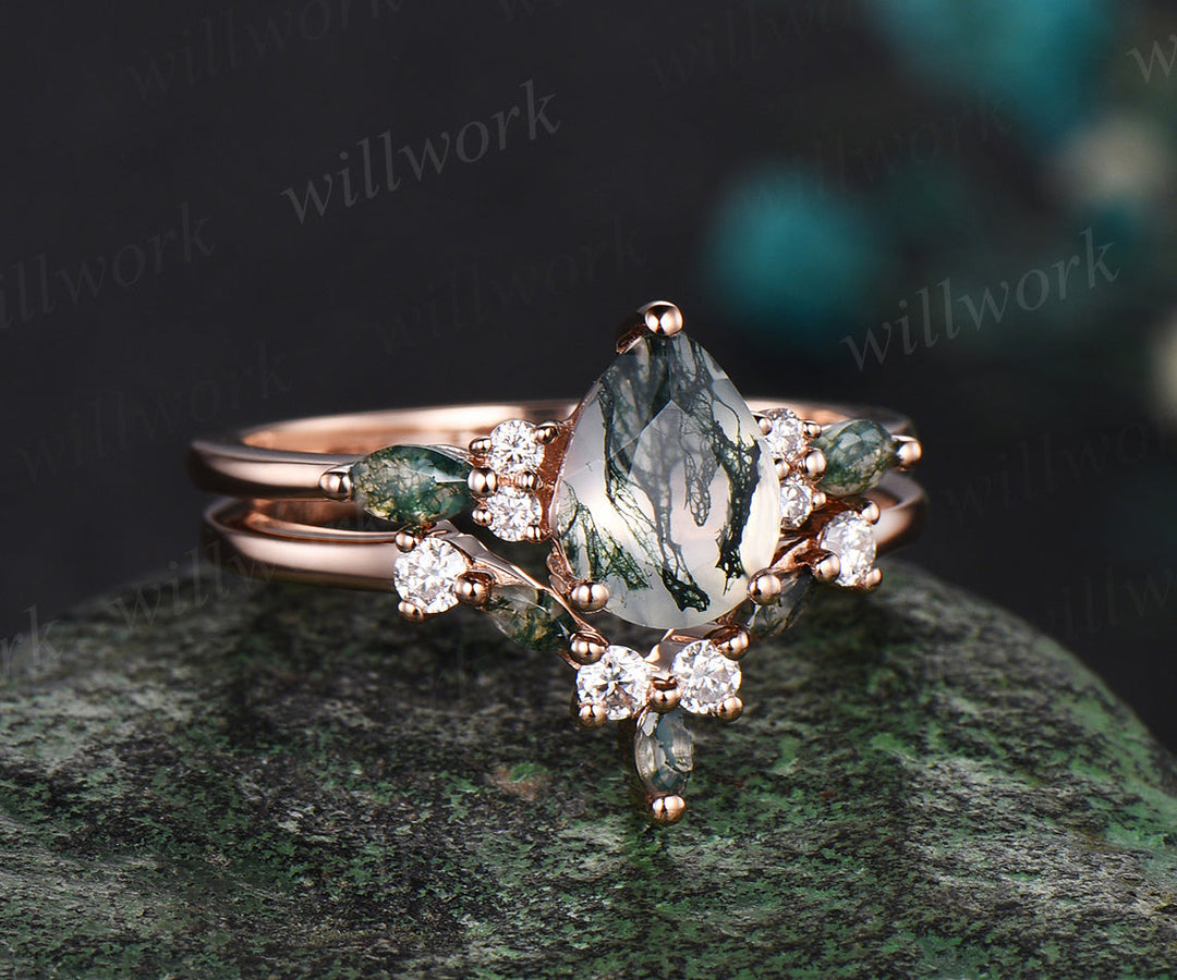 Pear cut moss agate engagement ring set vintage rose gold dainty diamond ring women unique wedding bridal ring set jewelry