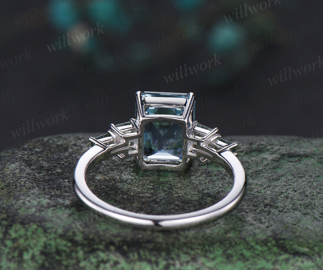 Unique 4CT Emerald Cut Aquamarine Engagement Ring Retro Cluster Baguette Moss Agate white gold Wedding Ring Vintage Anniversary Gift Women