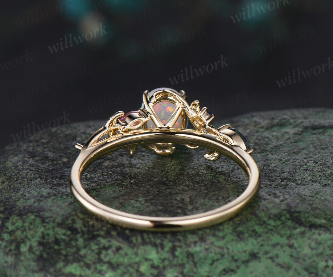 Oval white opal engagement ring yellow gold leaf branch moss agate sapphire Pink tourmaline ring vintage unique anniversary gift