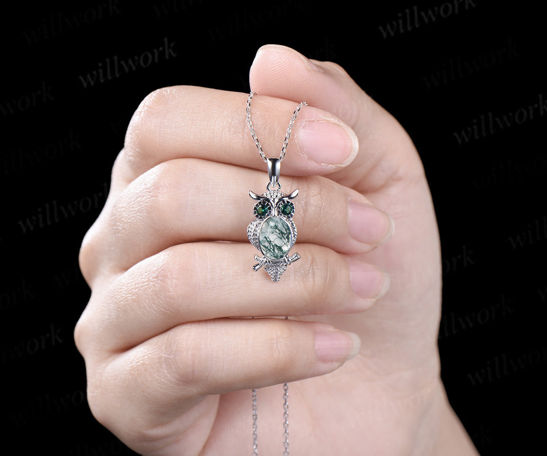 Unique Owl Moss Agate Necklace Personalized Pendant Necklace 14k 18k White Gold Emerald Pendant Night Owl Animal Inspired Promise Gift