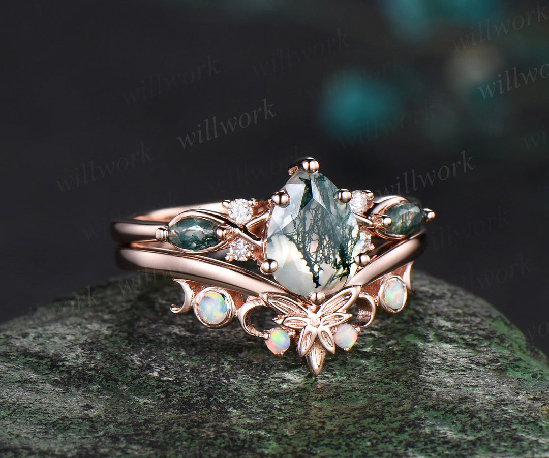 Pear moss agate engagement ring set bezel opal Celtic knot wedding ring band moon bridal set 14k rose gold