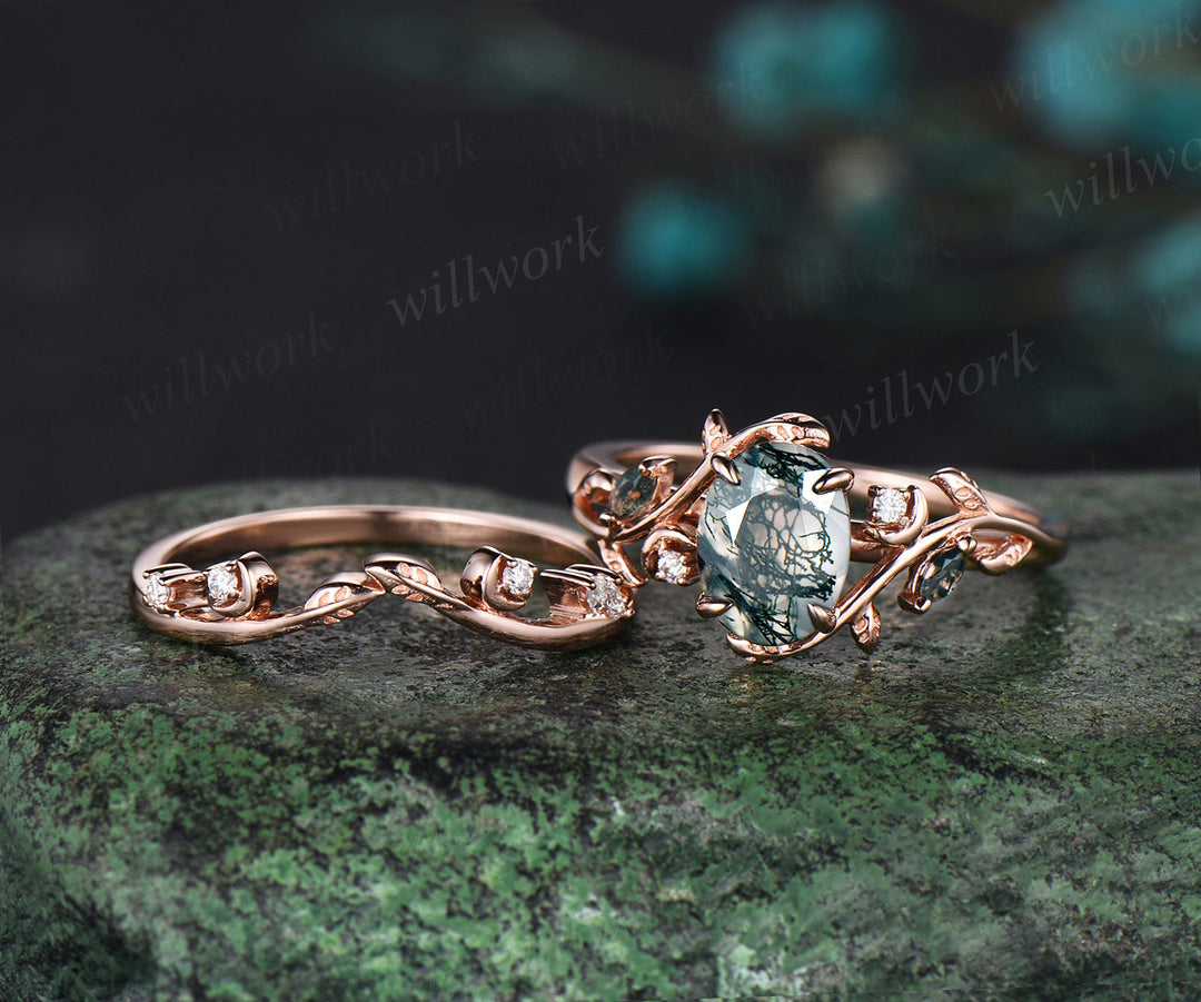 Oval cut moss agate ring vintage 14k rose gold diamond leaf branch moon engagement ring women stacking wedding ring set gift