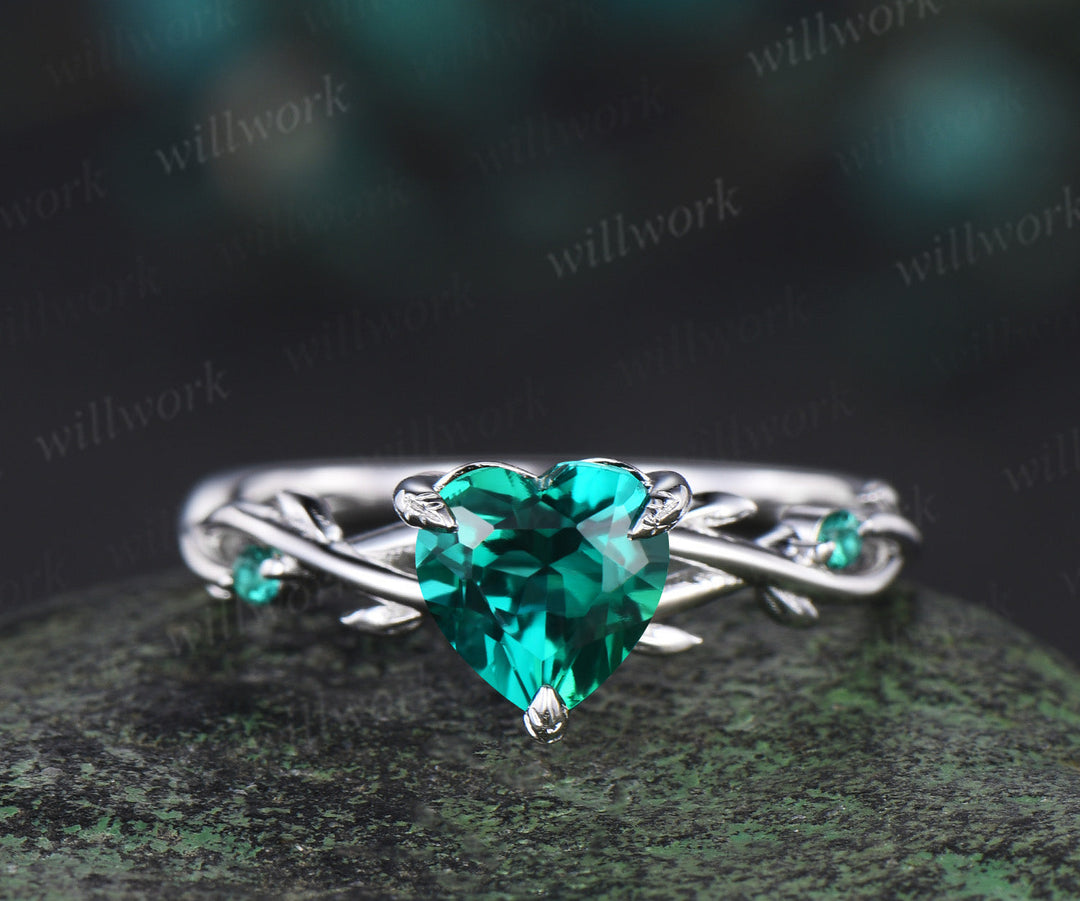 Vintage heart green emerald engagement ring set 14k white gold leaf branch moss agate ring women unique wedding anniversary gift