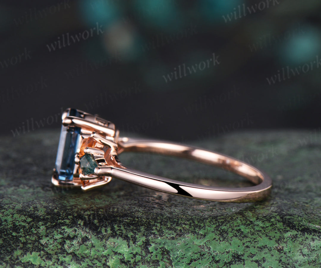 Long hexagon cut London blue topaz engagement ring rose gold cluster citrine ring women kite moss agate anniversary gift