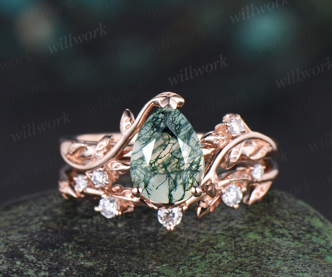 Leaf Pear shaped moss agate engagement ring set solid 14k white gold three stone diamond art deco ring women unique wedding ring set