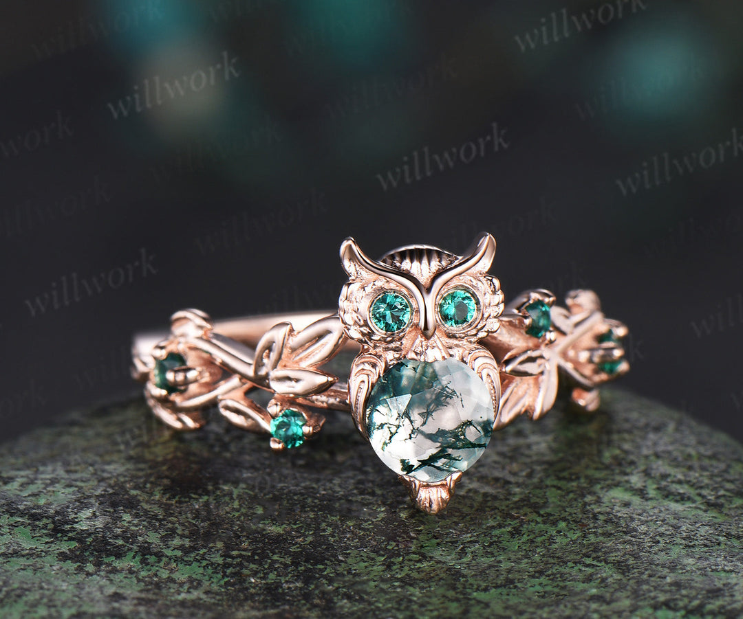 Round moss agate Owl Engagement Ring 14k rose gold emerald Branch Leaf Wedding Ring Nature Inspired Ring Birthday Gift for Owl Lover