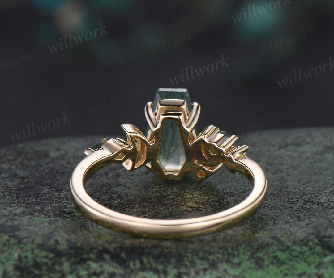 Unique moon ring kite Coffin natural moss agate engagement ring yellow gold cluster emerald wedding ring perfect moon anniversary gift