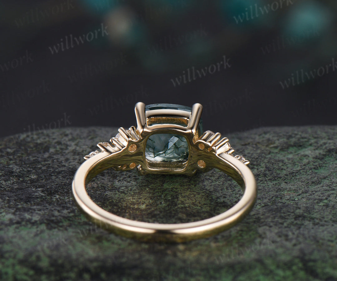 Cushion cut green moss agate engagement ring 14k yellow gold dainty snowdrift diamond anniversary promise ring women gift