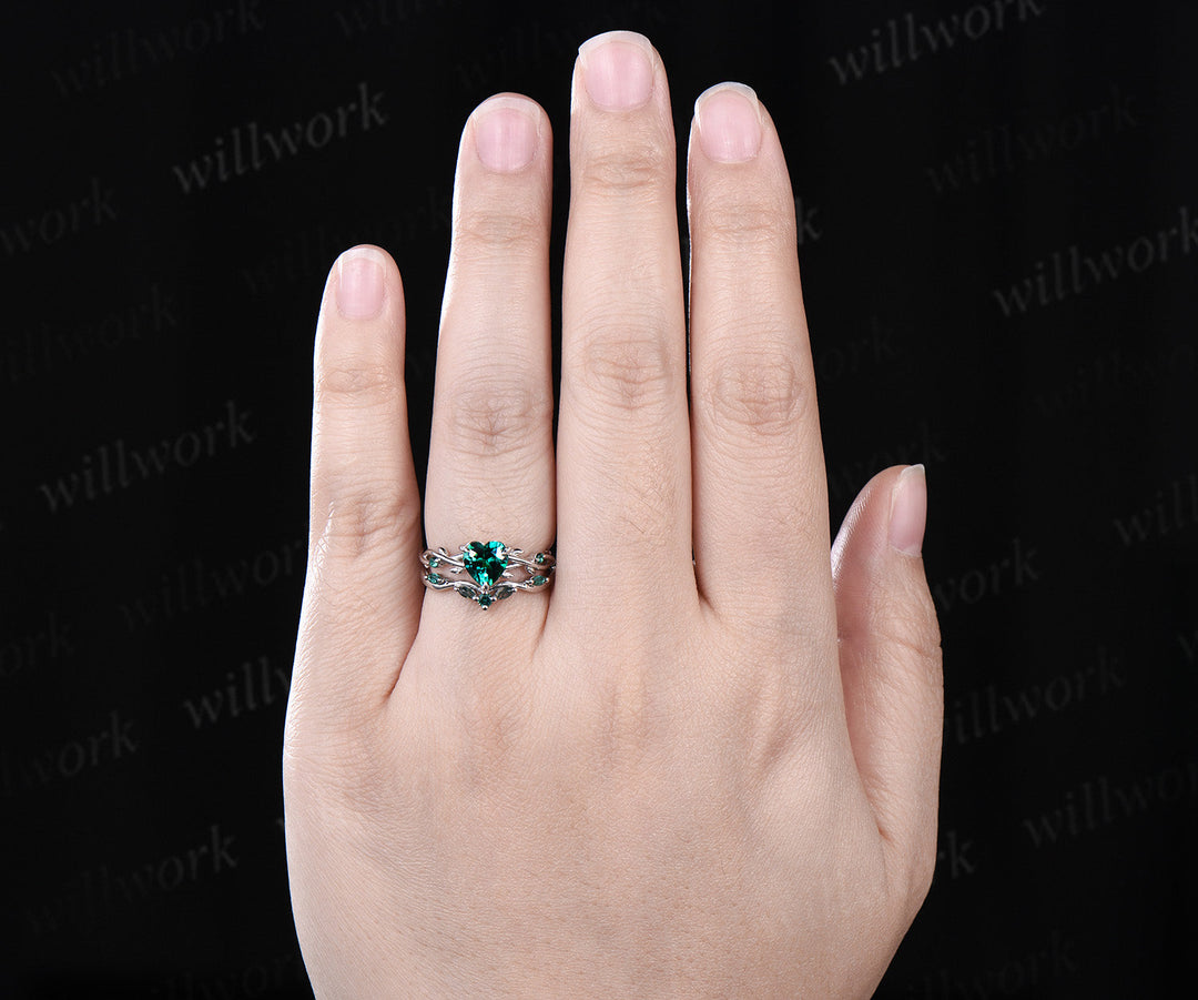 Vintage heart green emerald engagement ring set 14k white gold leaf branch moss agate ring women unique wedding anniversary gift