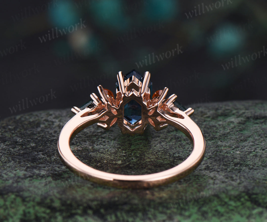 Long hexagon cut London blue topaz engagement ring rose gold cluster citrine ring women kite moss agate anniversary gift