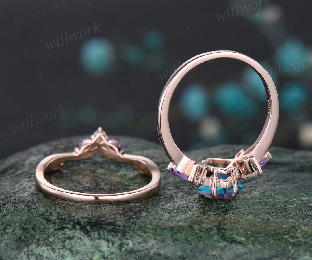 Unique June Birthstone Kite Alexandrite Engagement Ring Set 14k Rose Gold Moissanite Moss Agate Amethyst Opal Moonstone Cluster 2pcs Bridal Ring Set