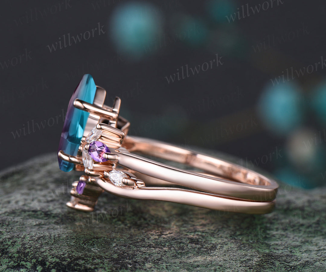 Unique June Birthstone Kite Alexandrite Engagement Ring Set 14k Rose Gold Moissanite Moss Agate Amethyst Opal Moonstone Cluster 2pcs Bridal Ring Set