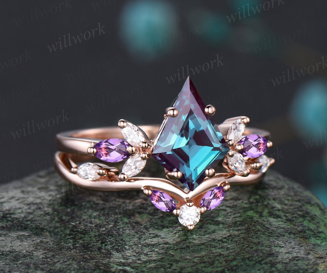 Unique June Birthstone Kite Alexandrite Engagement Ring Set 14k Rose Gold Moissanite Moss Agate Amethyst Opal Moonstone Cluster 2pcs Bridal Ring Set