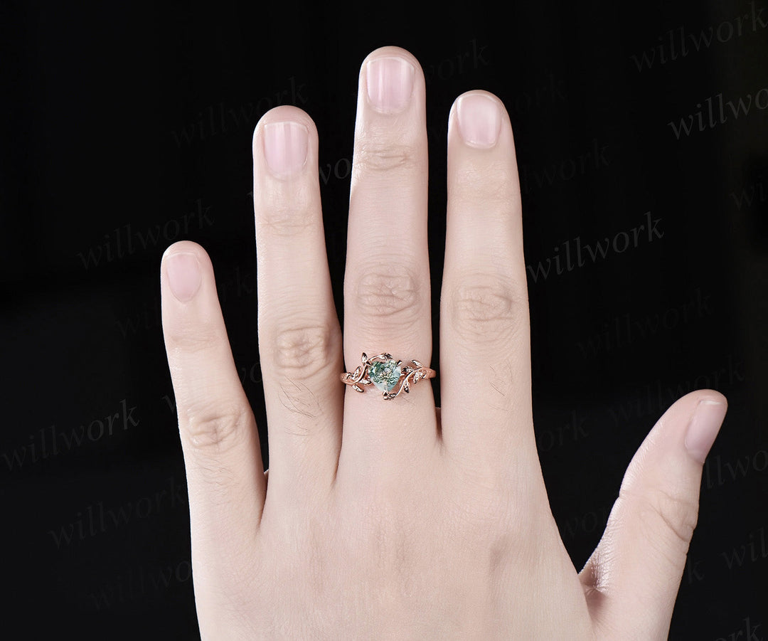 Heart shaped green moss agate engagement ring 14k rose gold twig leaf Solitaire wedding anniversary ring women gift