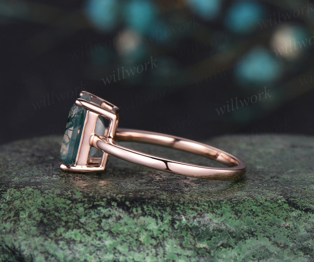 Emerald cut green moss agate engagement ring solid 14k rose gold Solitaire promise anniversary ring women gift