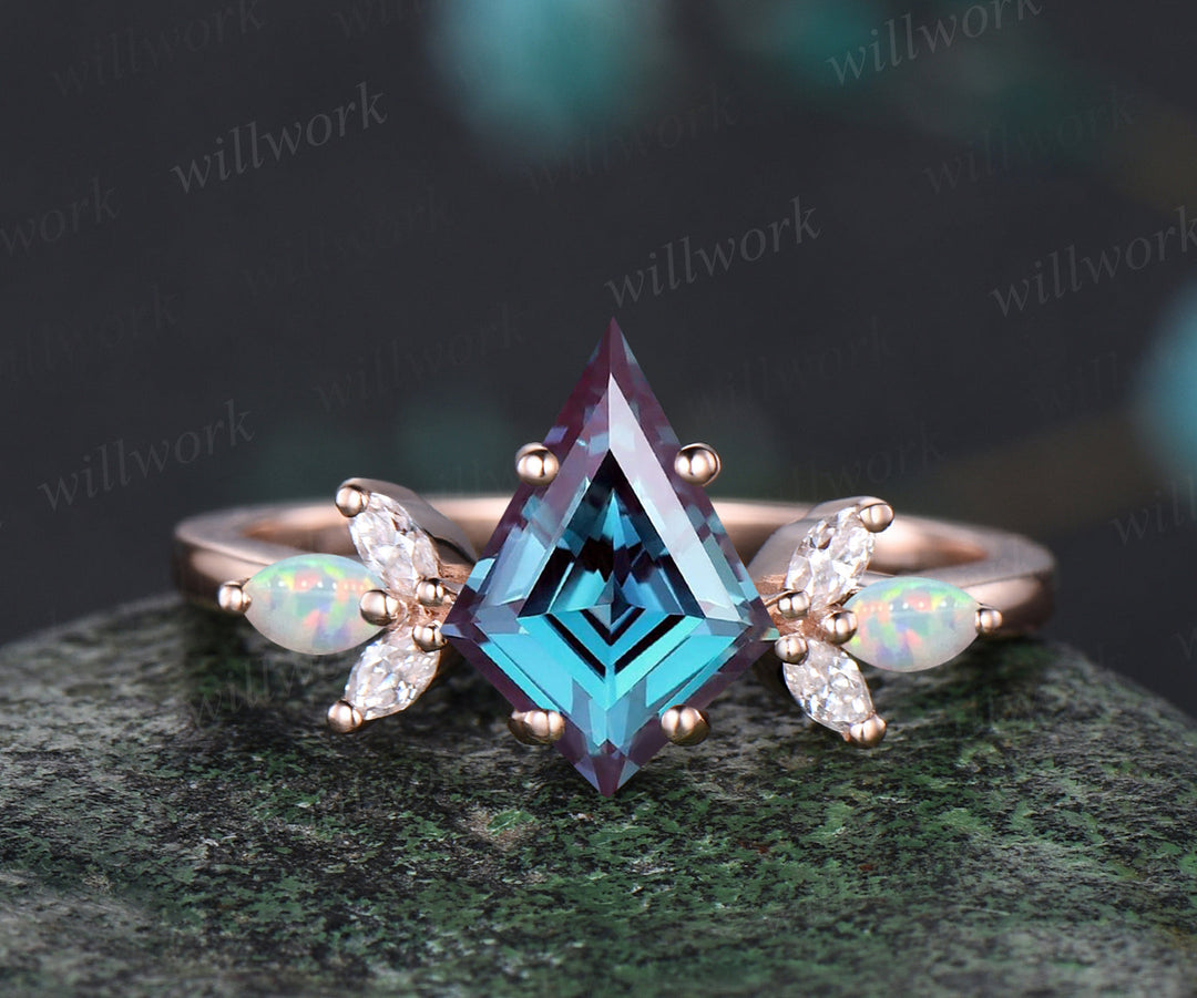 Unique June Birthstone Kite Alexandrite Engagement Ring Set 14k Rose Gold Moissanite Moss Agate Amethyst Opal Moonstone Cluster 2pcs Bridal Ring Set