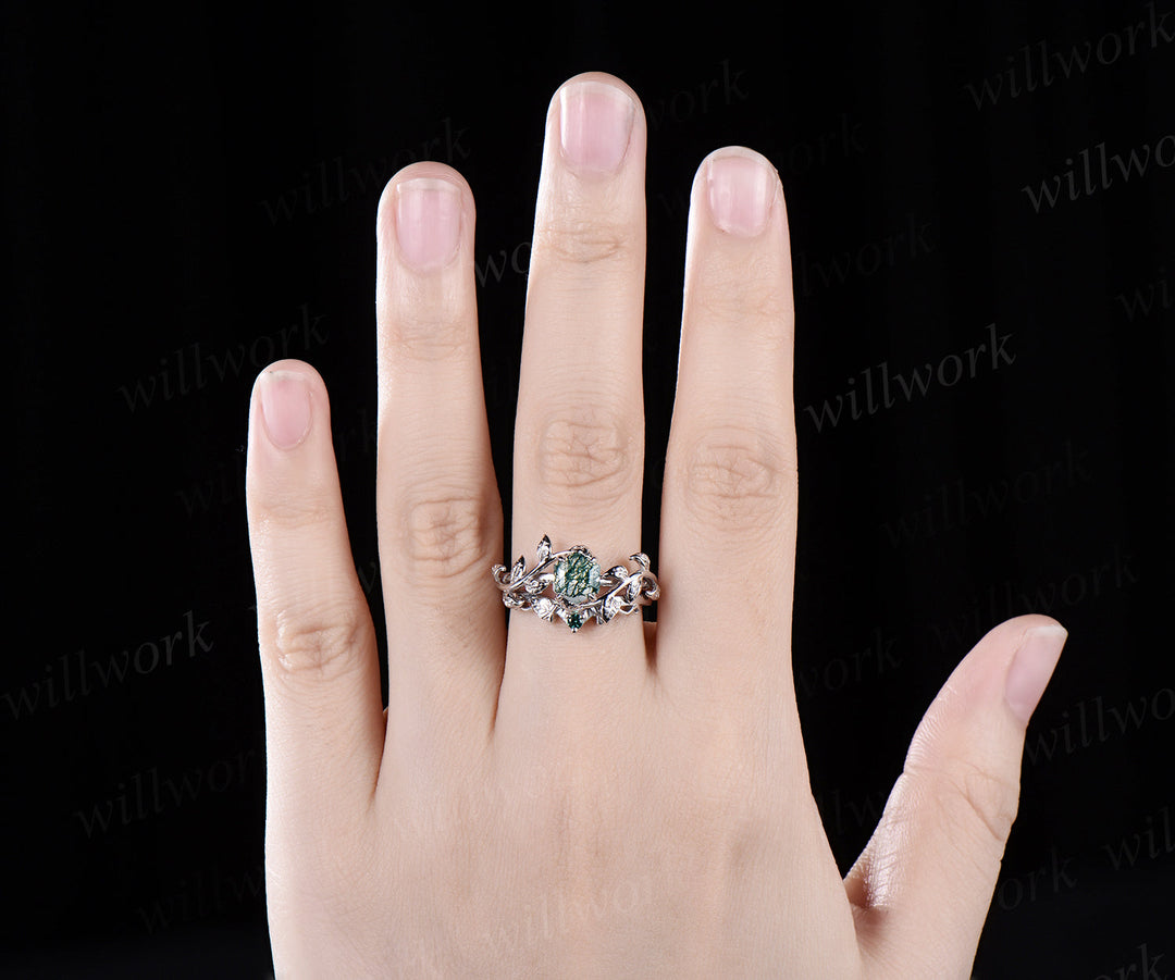 Hexagon cut green moss agate engagement ring set white gold vintage emerald leaf branch bridal set women