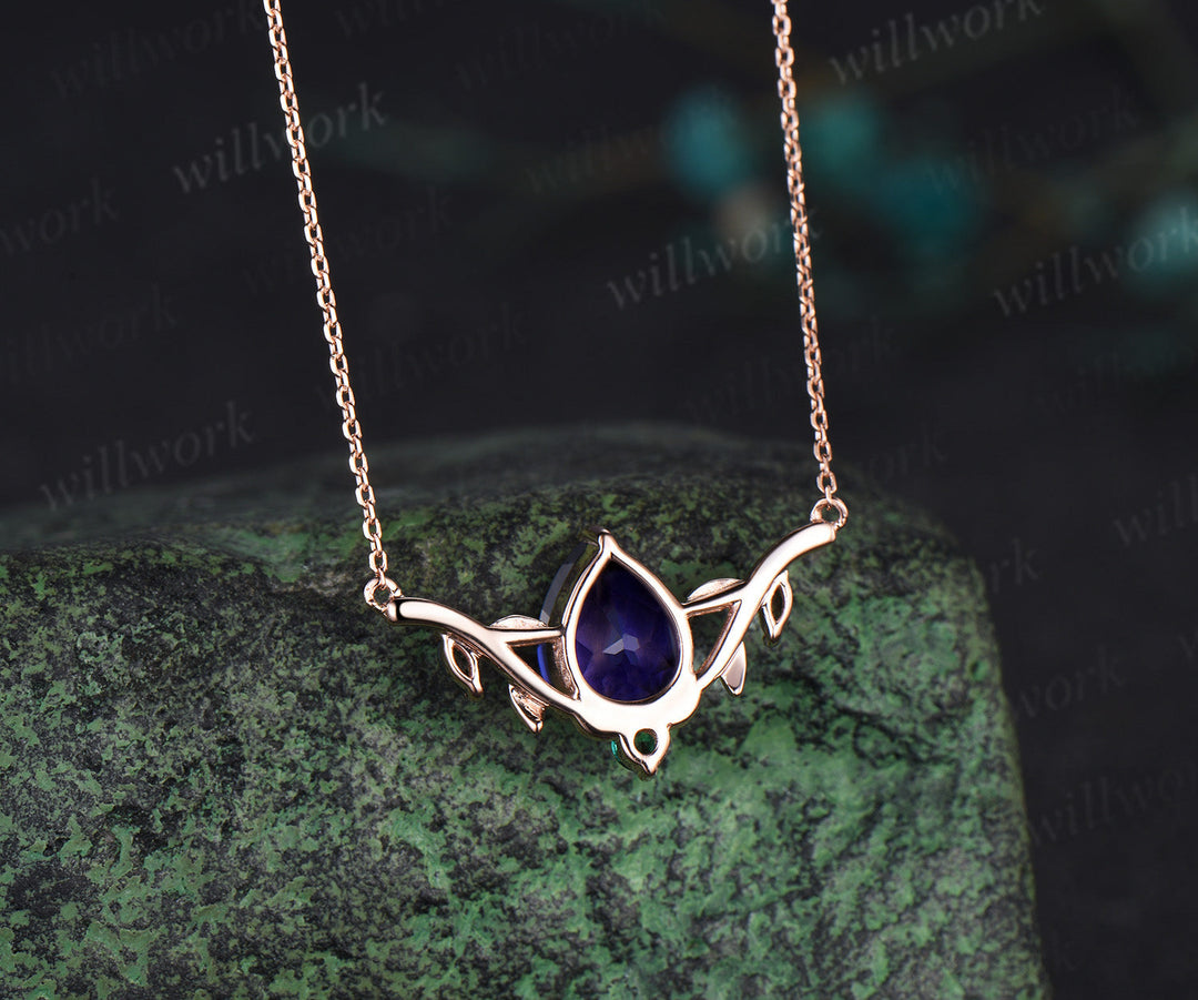 Pear shaped purple sapphire necklace solid 14k rose gold four stone moss agate emerald nature inspired leaf necklace anniversary gift women