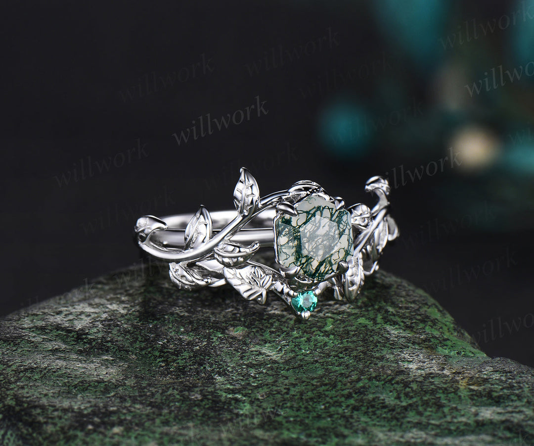 Hexagon cut green moss agate engagement ring set white gold vintage emerald leaf branch bridal set women