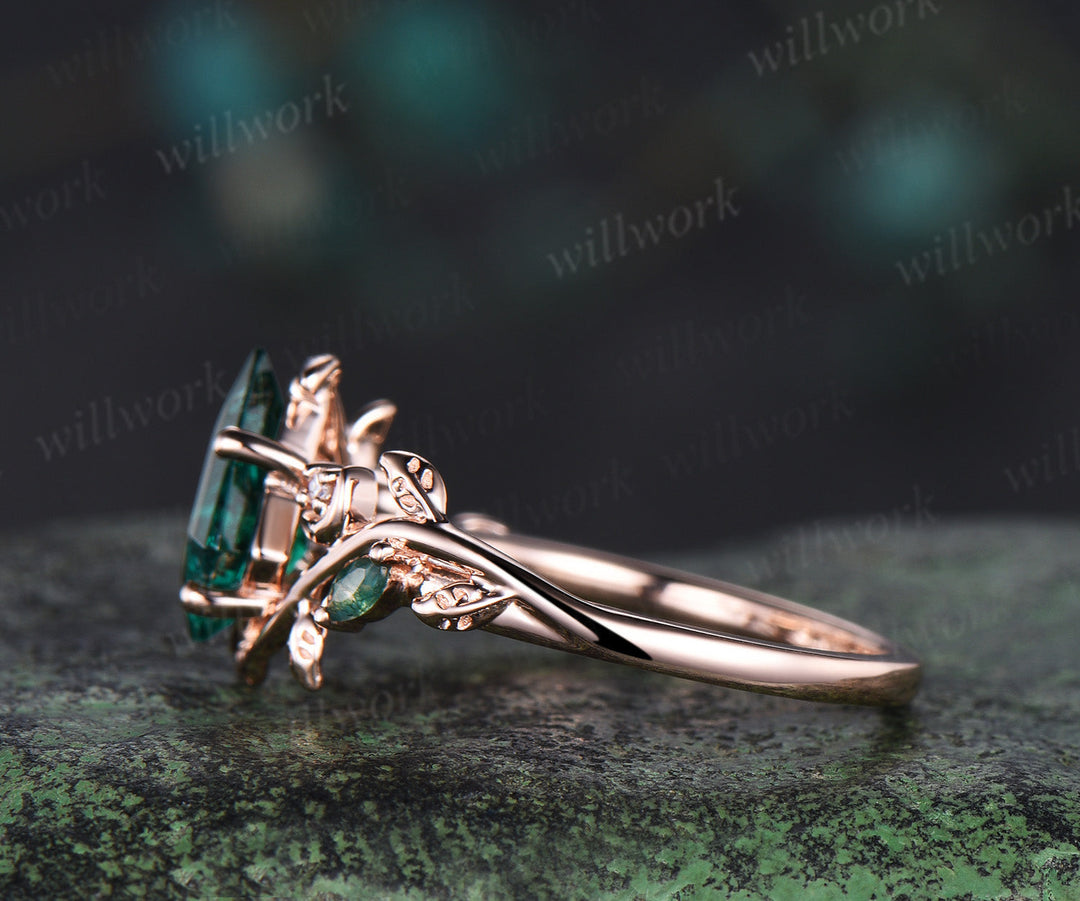 Kite cut emerald ring moon leaf nature inspired engagement ring solid 14k rose gold moss agate wedding ring women