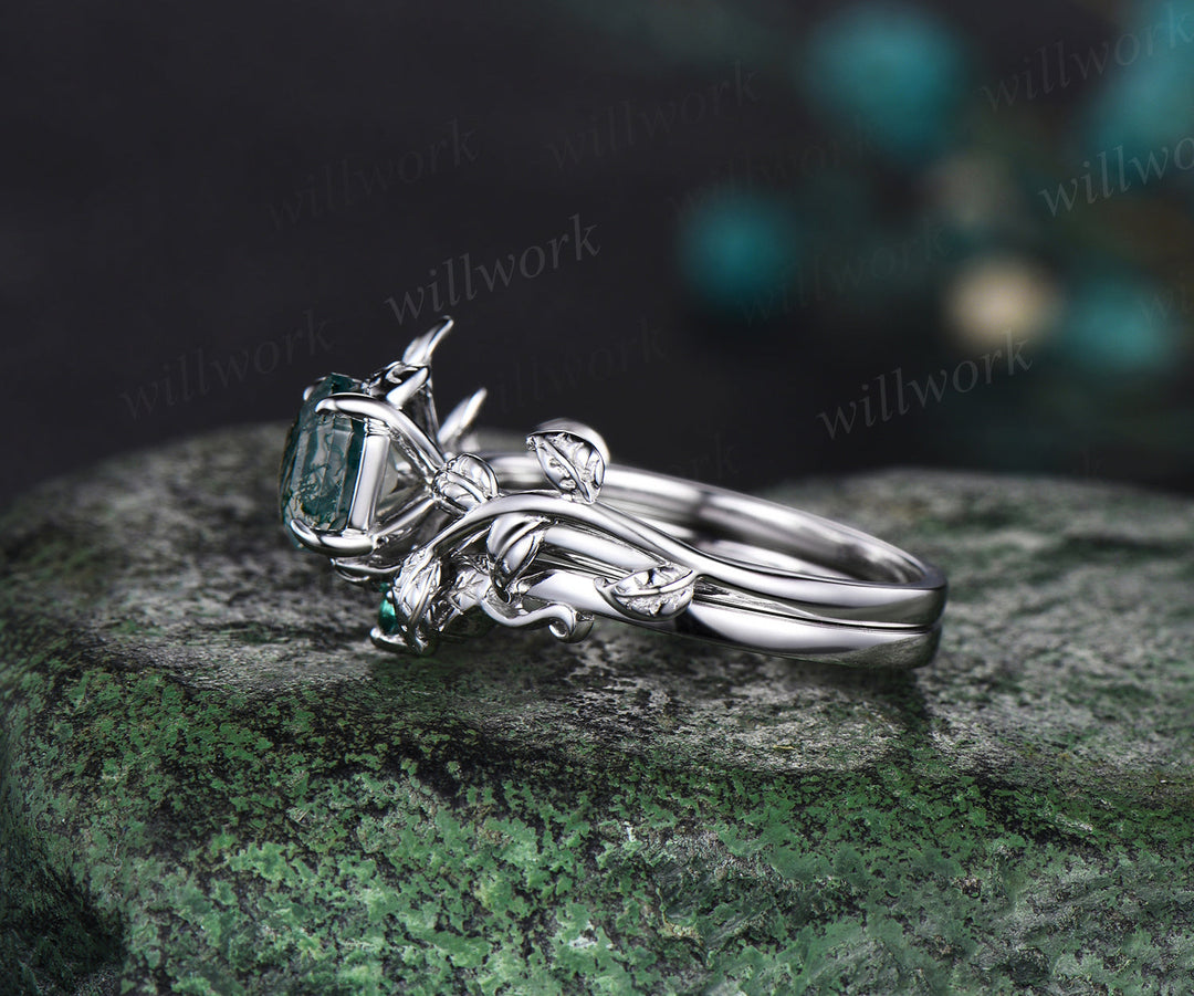 Hexagon cut green moss agate engagement ring set white gold vintage emerald leaf branch bridal set women