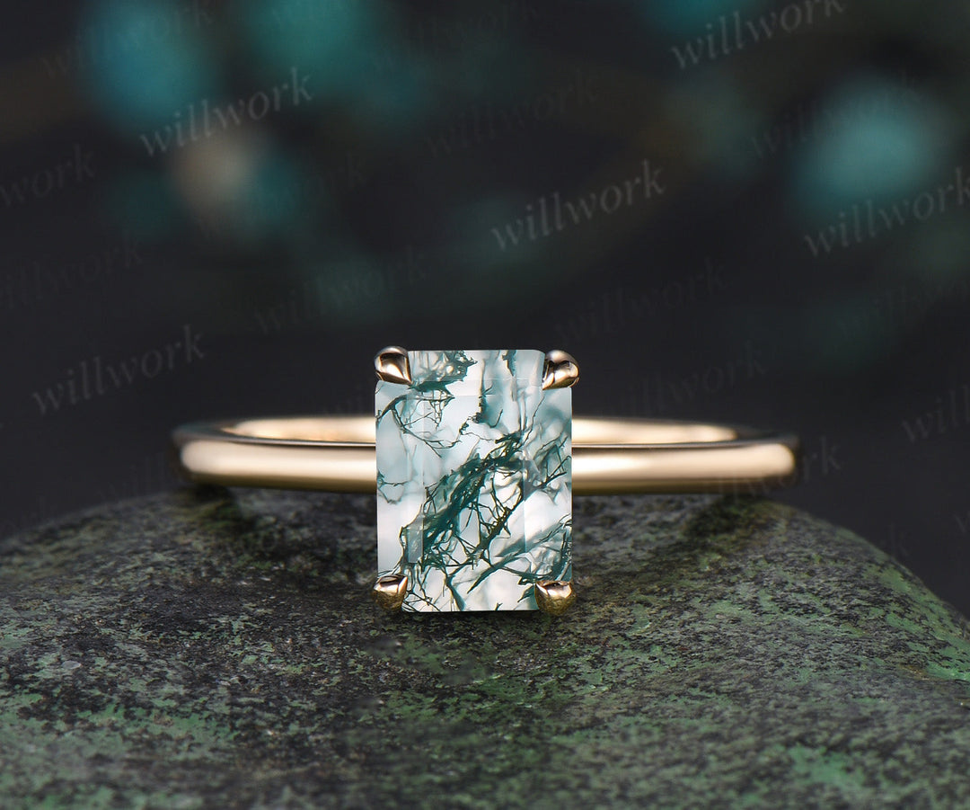 Emerald Cut Natural Moss Agate Engagement Ring 10k Solid Gold Moss Agate Solitaire Wedding Bridal Ring Hidden Halo Ring Promise Gifts