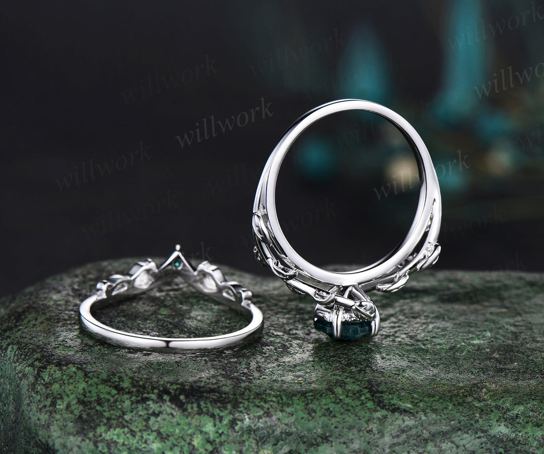 Hexagon cut green moss agate engagement ring set white gold vintage emerald leaf branch bridal set women