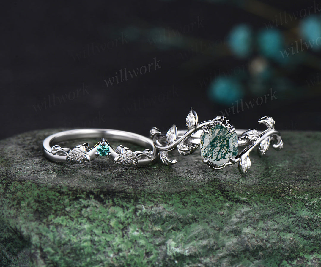 Hexagon cut green moss agate engagement ring set white gold vintage emerald leaf branch bridal set women