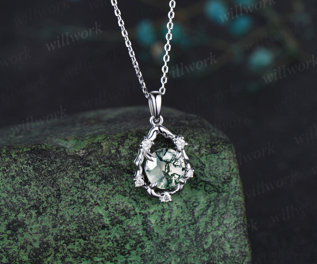 Vintage round cut moss agate necklace white gold branch twig halo diamond pendant women sterling silver mother gift