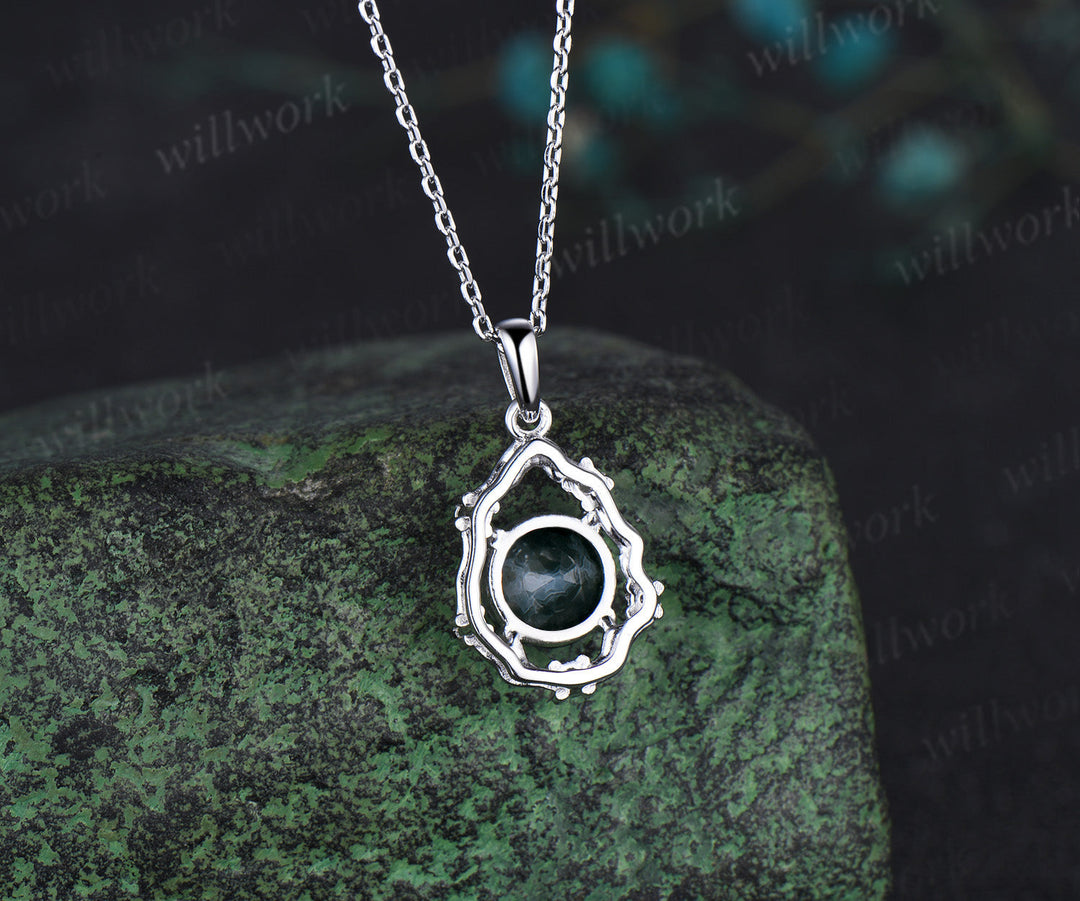 Vintage round cut moss agate necklace white gold branch twig halo diamond pendant women sterling silver mother gift